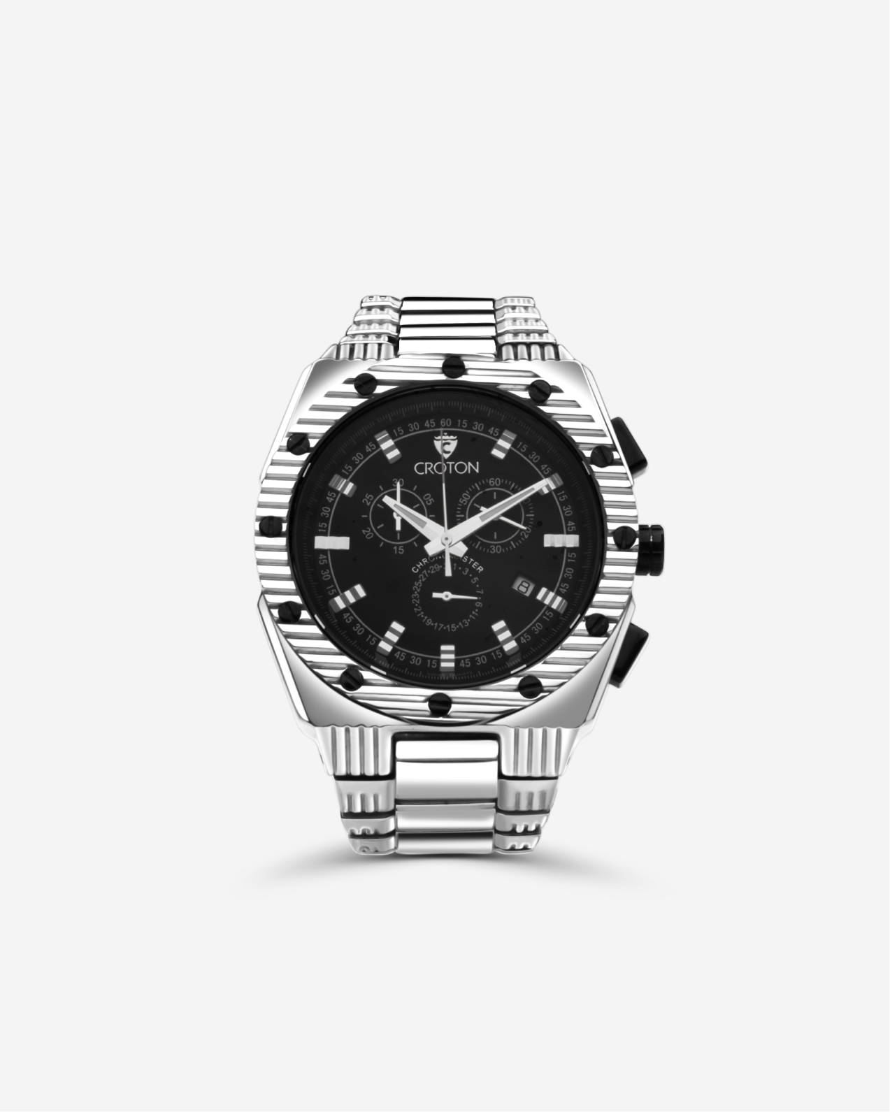 Men s Silvertone All Stainless Steel Swiss Quartz Chronograph with Bla