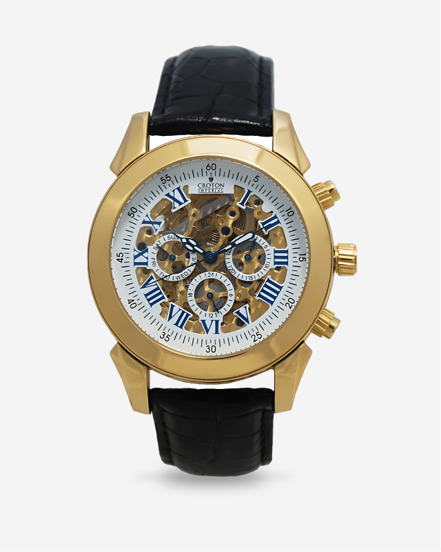 Carlien Skeleton Automatic Steampunk Watches Gold-Tone Luminous Hands  Leather Strap Wrist-Watch