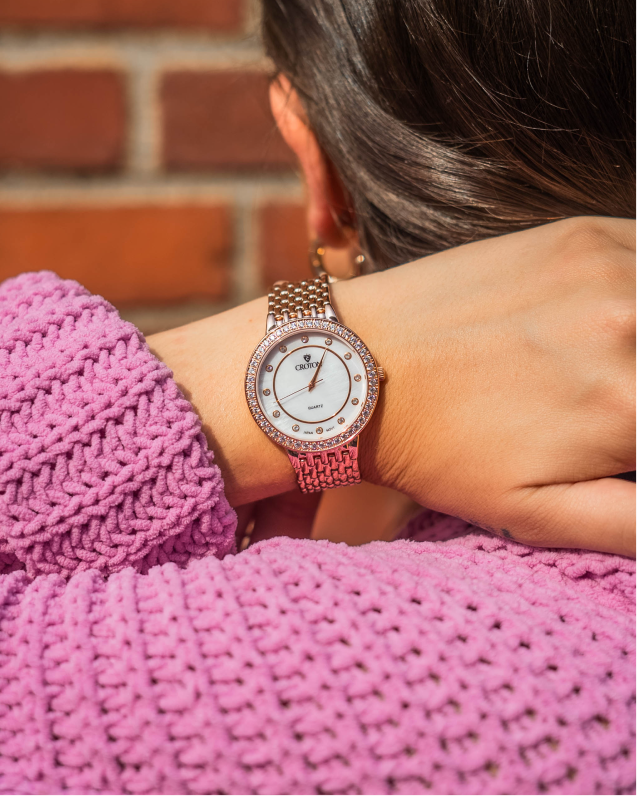 Unisex Rosetone Quartz Watch with Mother of Pearl Dial and Crystal Bezel