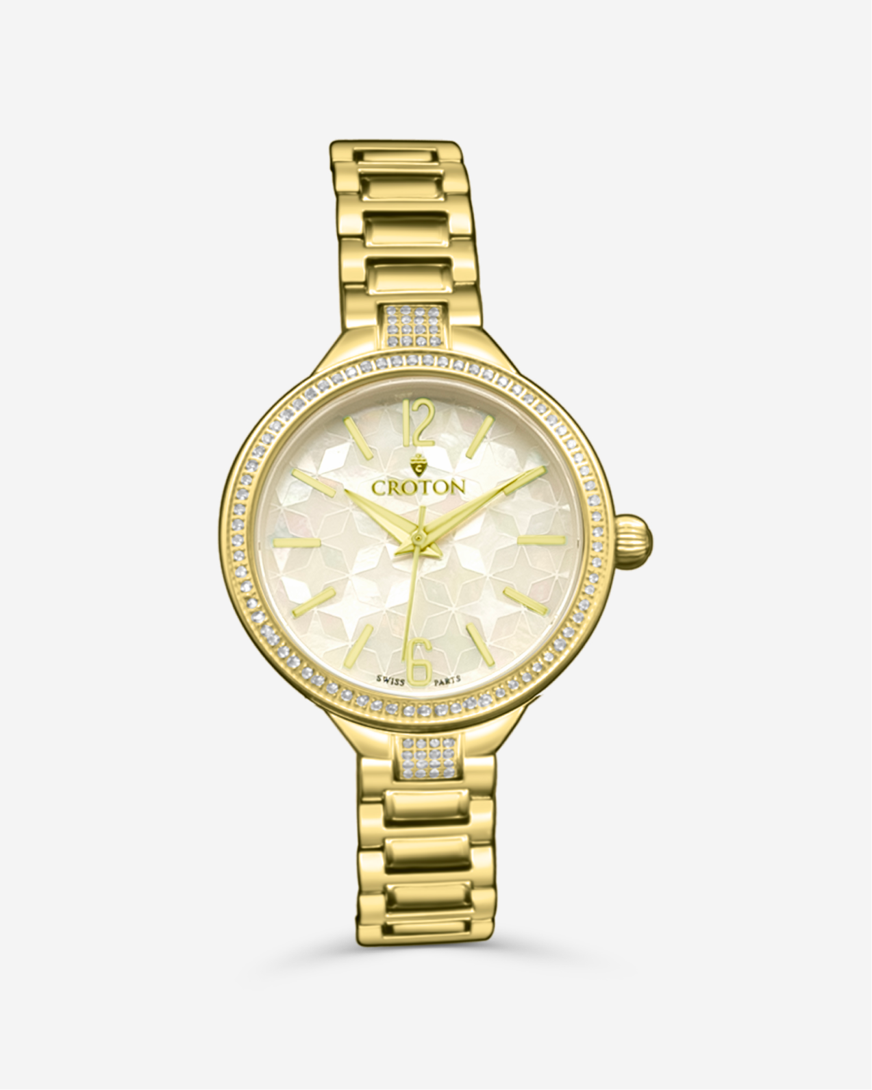 Goldtone Swiss Quartz Watch with White Topaz Bezel Mosaic Mother of