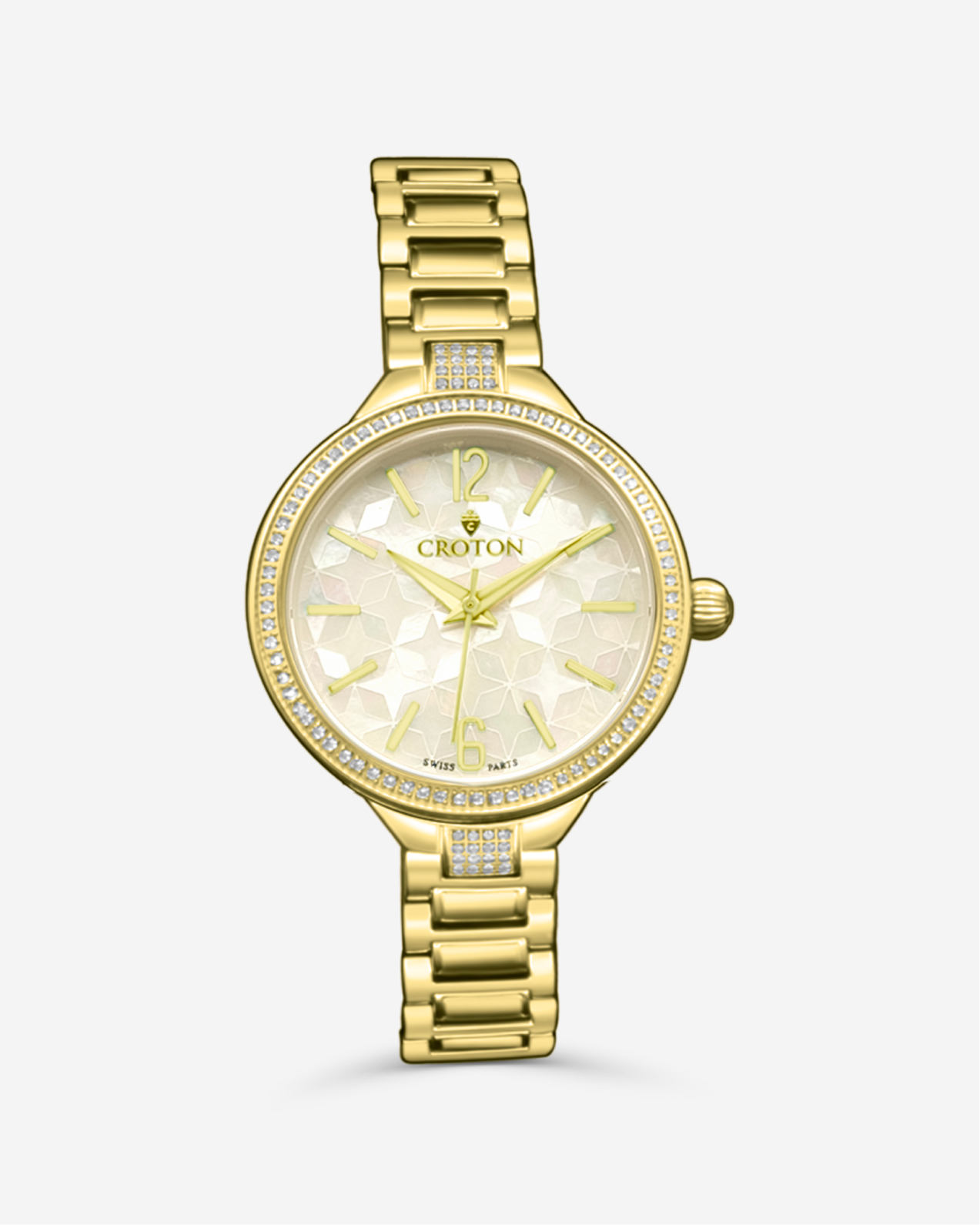 Goldtone Swiss Quartz Watch with White Topaz Bezel & Mosaic Mother of Pearl Dial