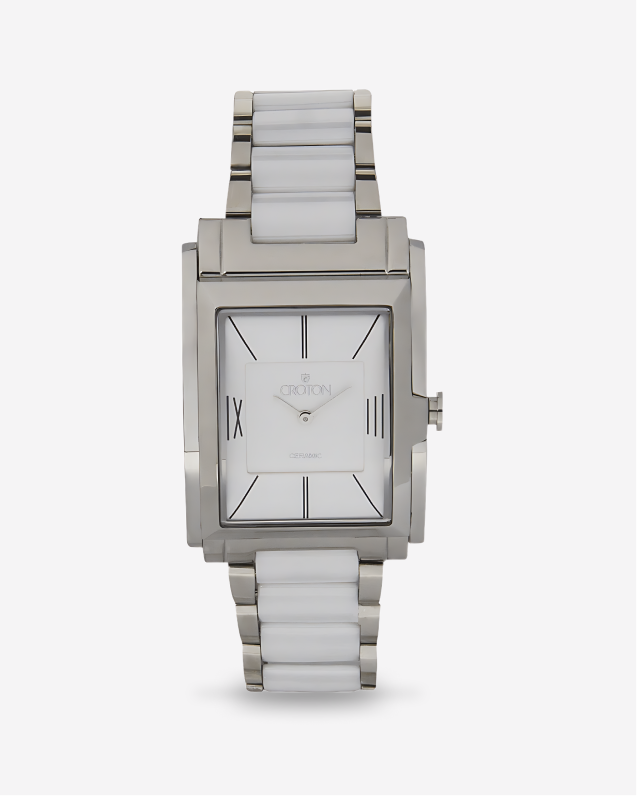 Men s Swiss Quartz White Ceramic Stainless Steel Rectangular Dress W