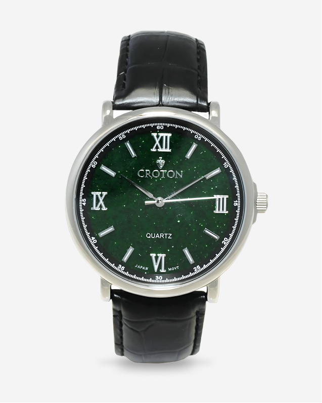 Men's Stainless Steel Quartz Watch with Green Goldstone Glass Dial & Leather Strap