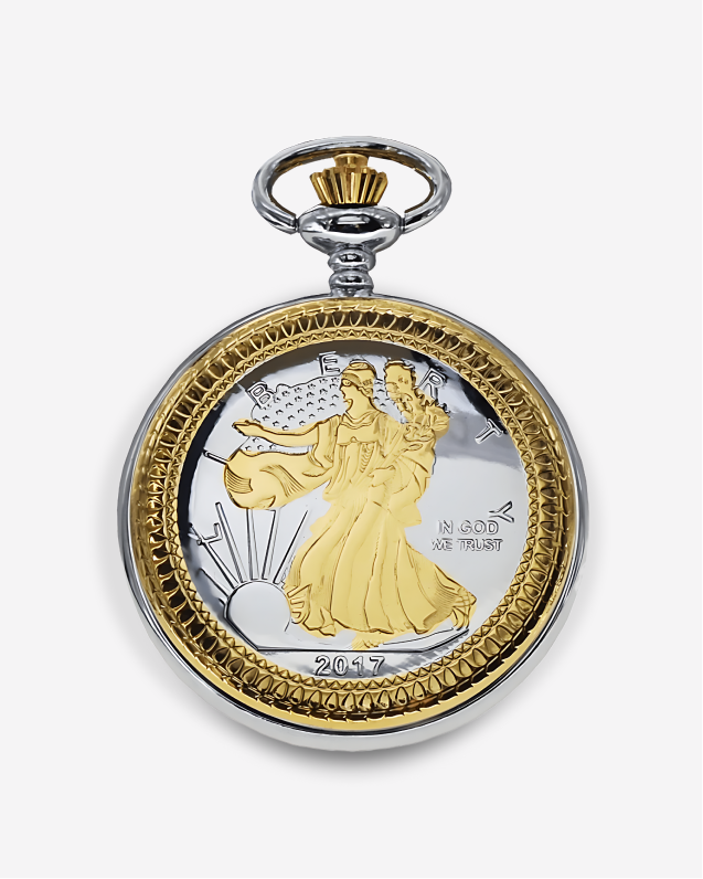 Men's Two Tone Genuine US Lady Liberty Coin Replica Pocket Watch with Chain