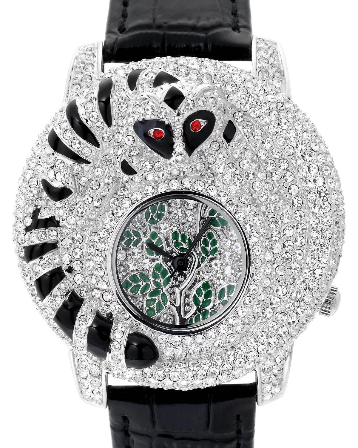 Croton Women's Crystal Accented Paved Crystal Dial Black Leather Watch