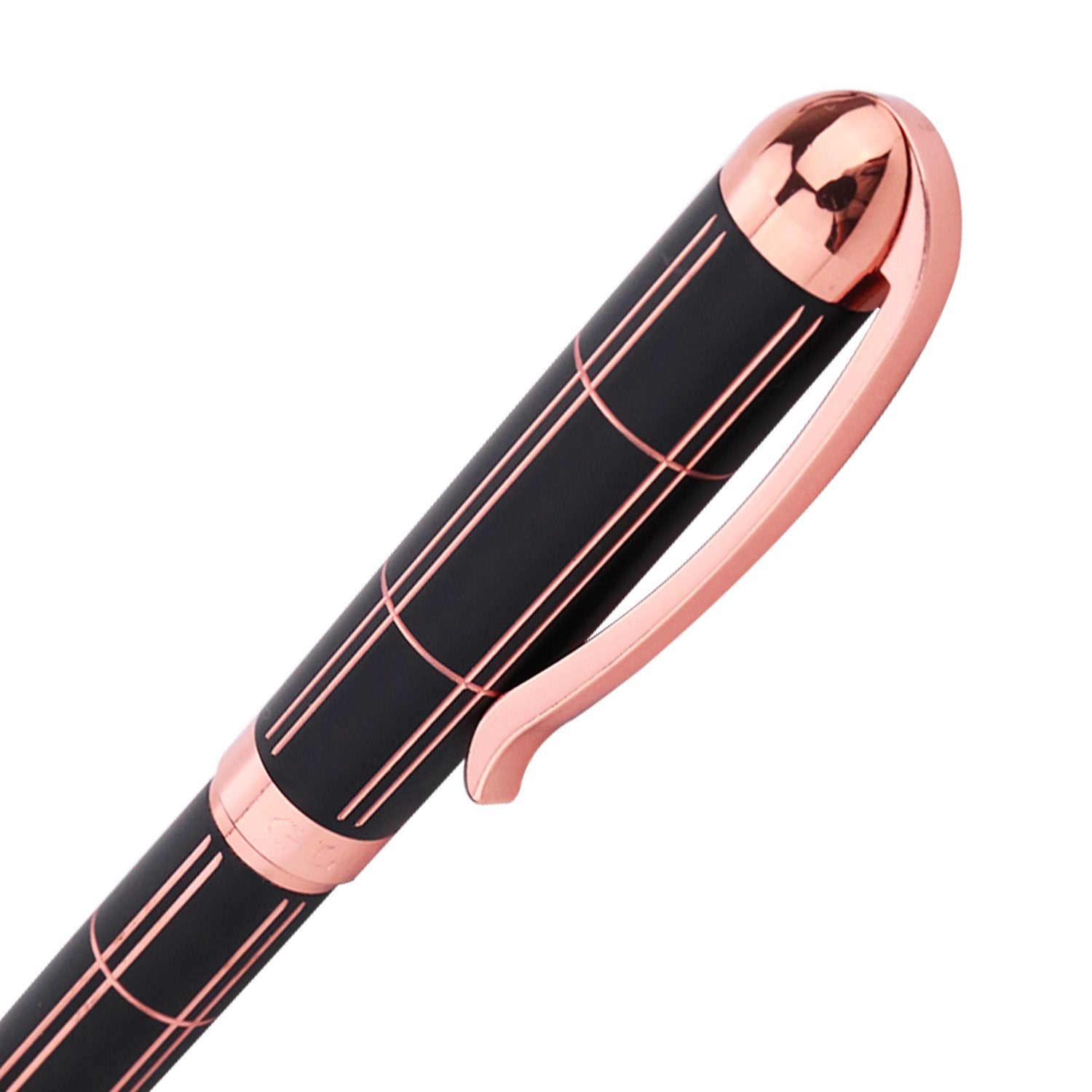 Croton Ballpoint Pen with laser cut grooves in matte black and rose accents - CROTON GROUP
