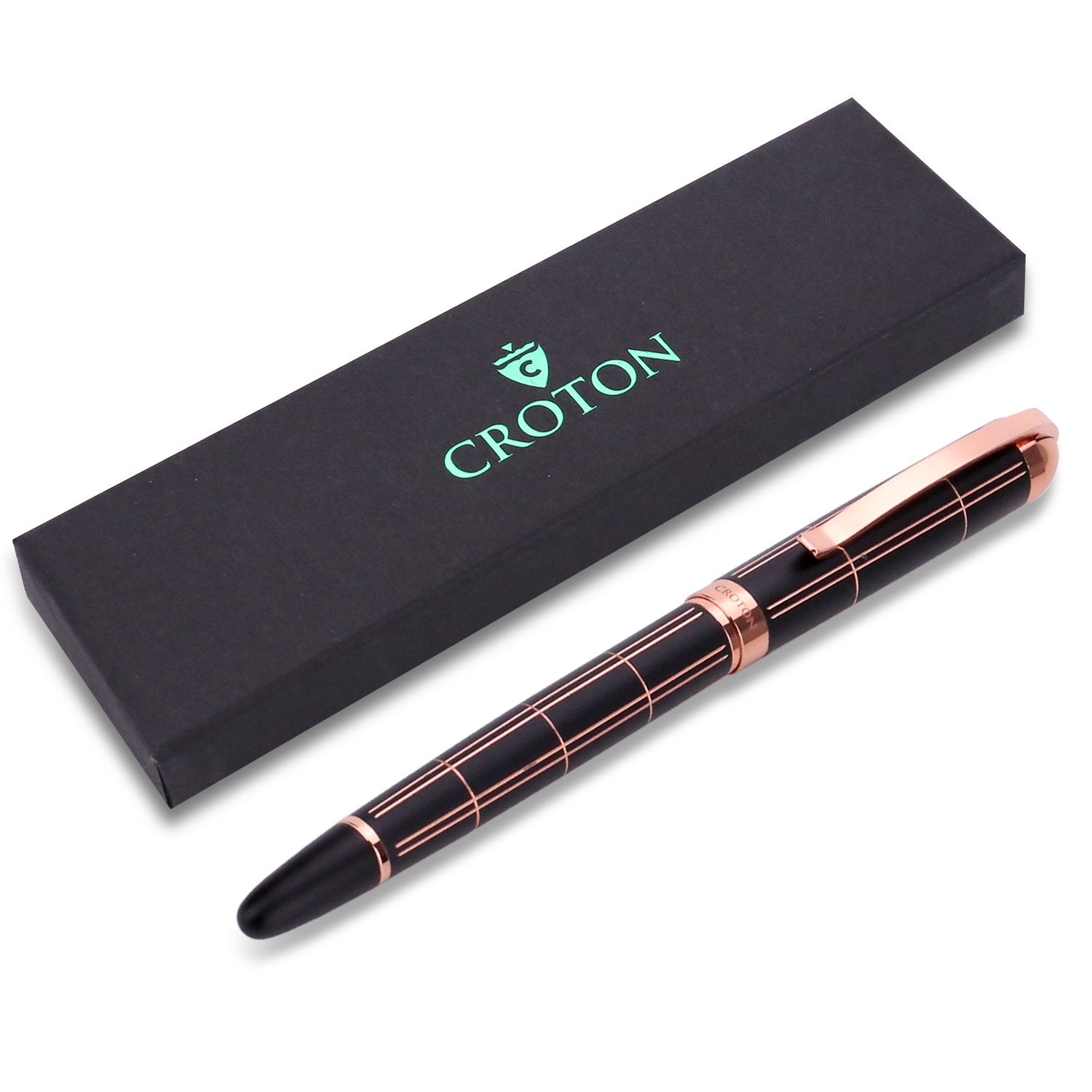 Croton Ballpoint Pen with laser cut grooves in matte black and rose accents - CROTON GROUP