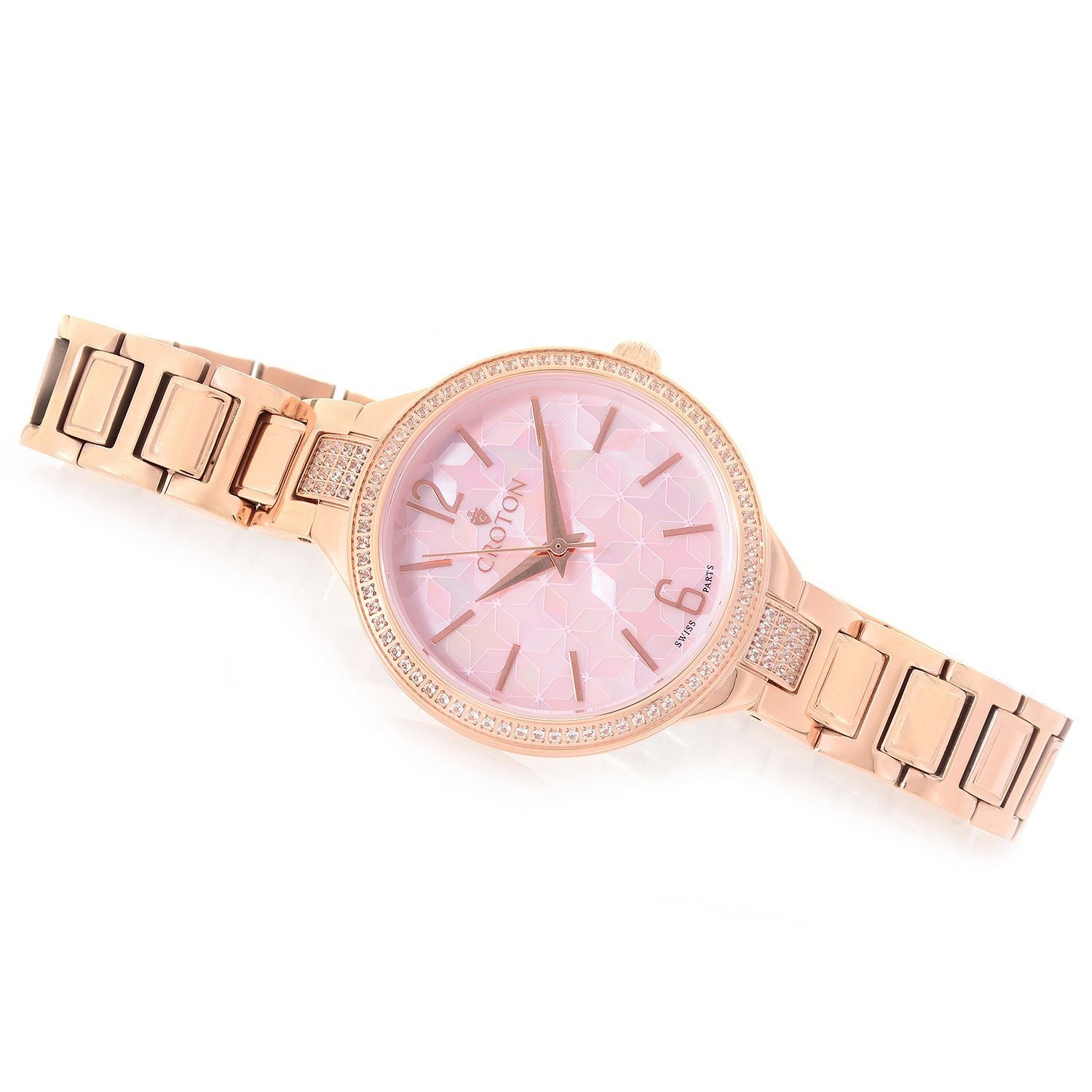 Rosetone Swiss Quartz Watch with White Topaz Bezel Mosaic Mother of