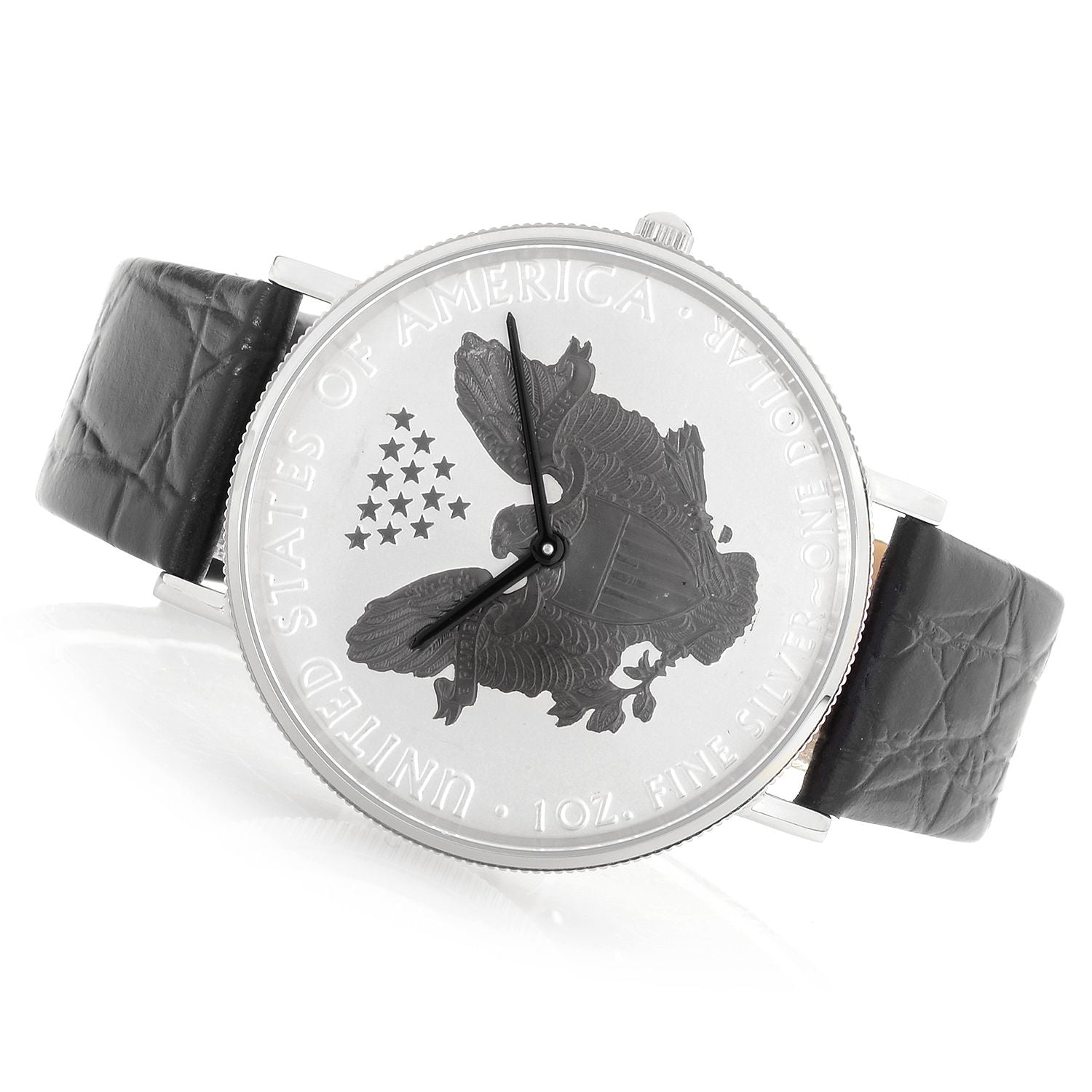 Men s Silvertone Black 2017 Silver Dollar Coin Watch with Leather St