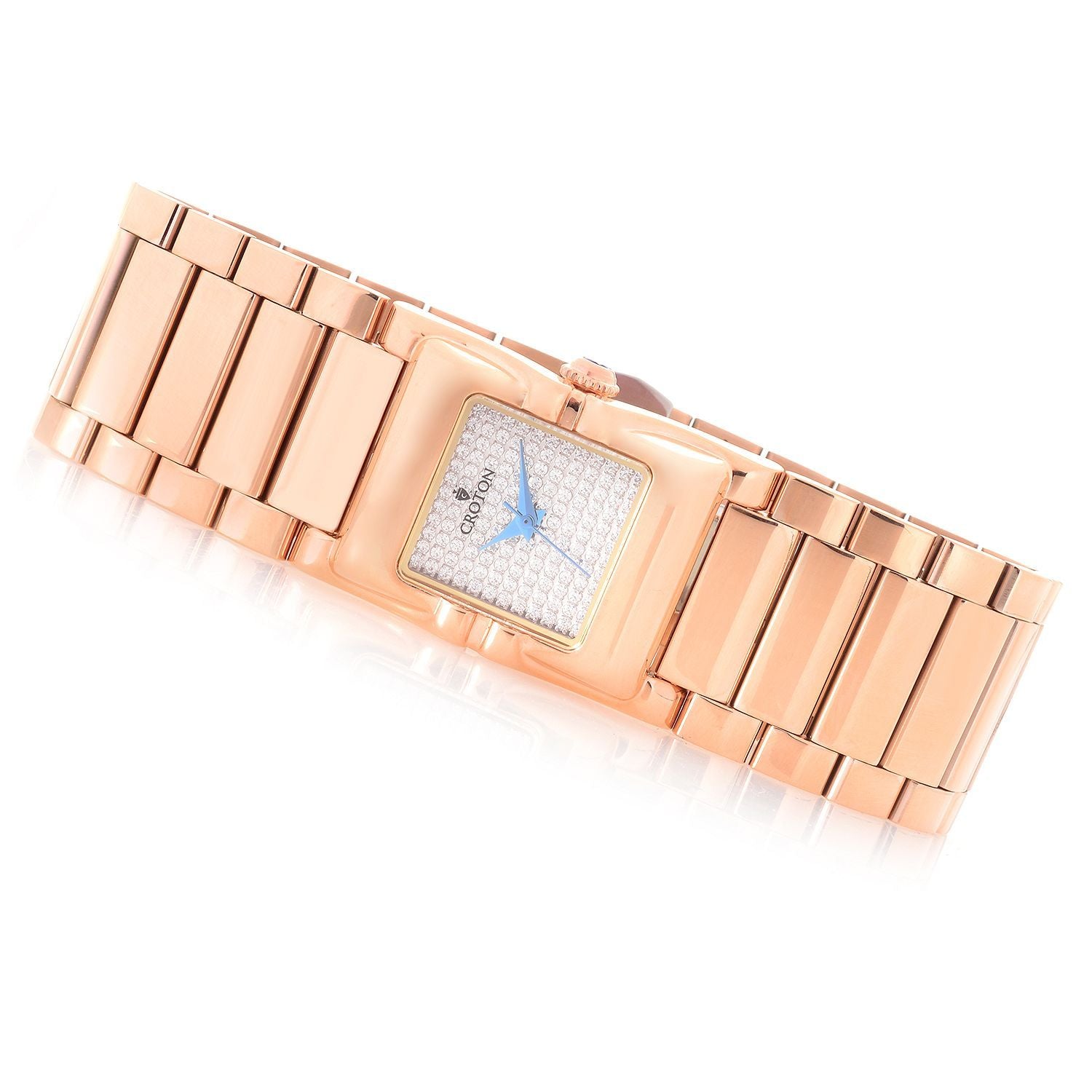 Ladies Rosetone Swiss Parts Bracelet Watch with Square CZ Pave Dial - CROTON GROUP