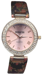 Ladies Quartz Watch with Crystal Bezel and Flower Print Cuff on a Black Background