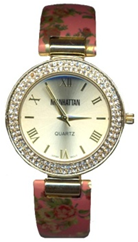 Ladies Quartz Watch with Crystal Bezel and Flower Print Cuff on a Salmon Background
