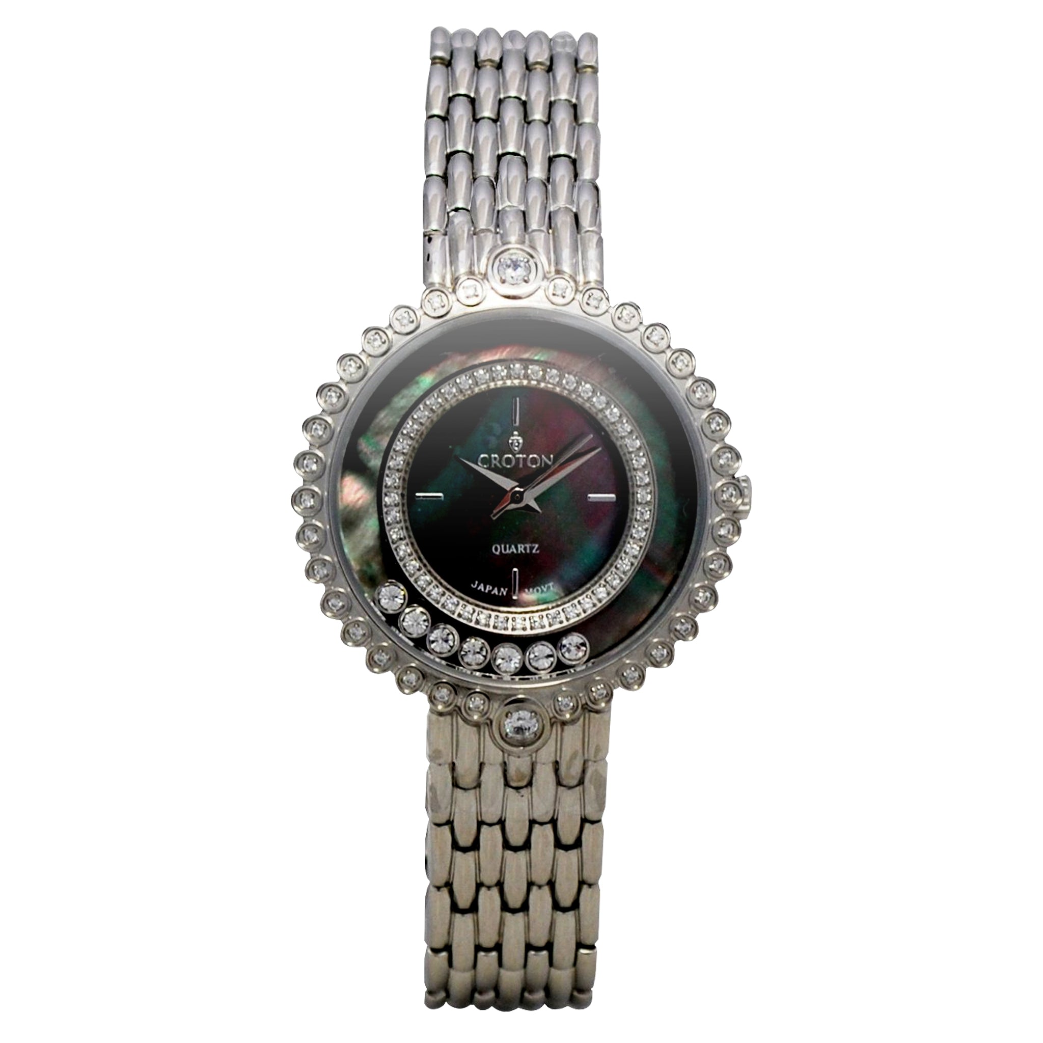 Ilaria Ladies Stainless Silvertone Floating Crystal Watch with Black Mother of Pearl Dial