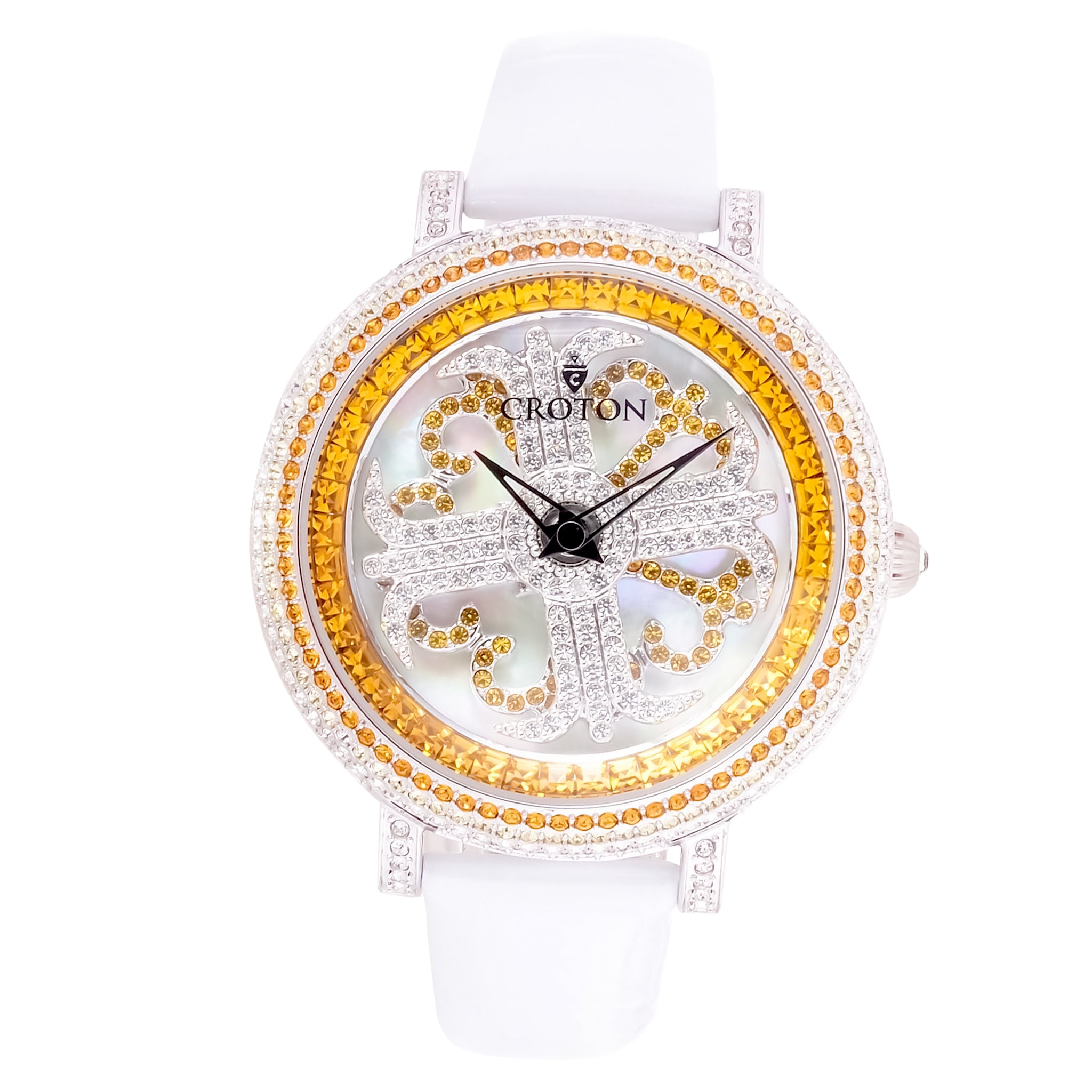 Ladies Topaz Colored Crystals Spinning Dial Watch with Leather Strap