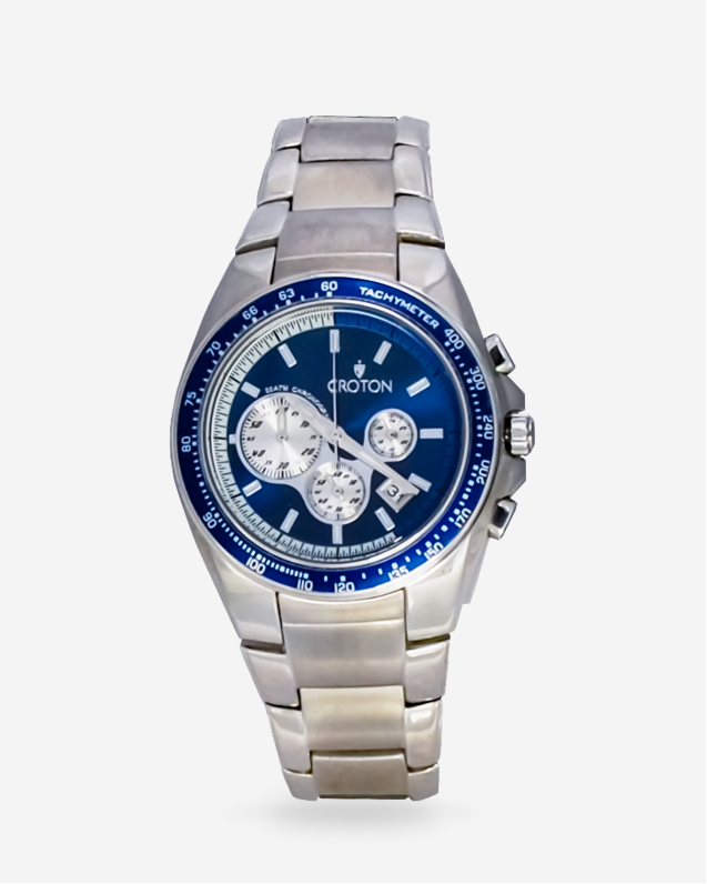 Men's 20 ATM Silvertone All Stanless Steel Chronograph with Blue Dial & Bezel
