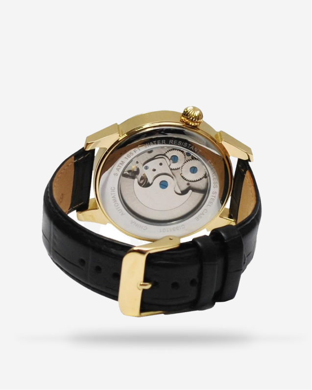 Men's Stainless Automatic with Ying Yang Design and Leather Strap