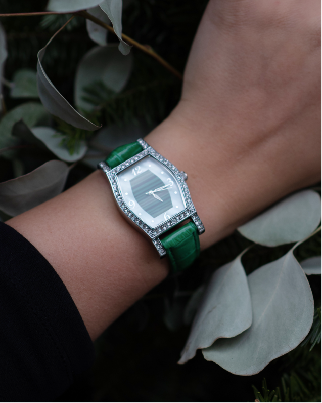 Ladies Quartz Malachite & Mother of Pearl Dial Watch with Crystal Bezel
