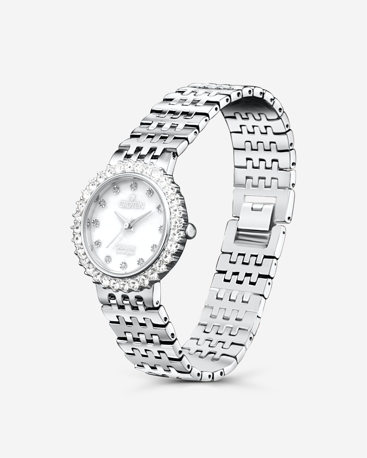 Croton Ladies Silvertone Round Mother of Pearl Dial Watch with Diamond Markers