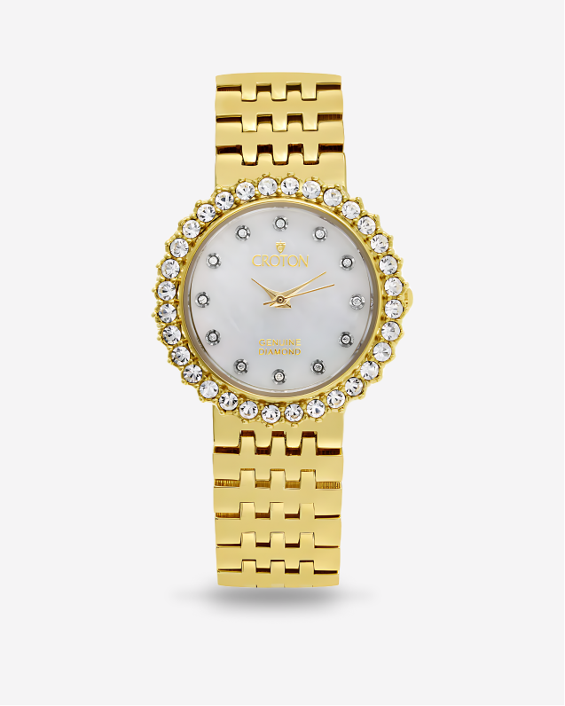 Croton Ladies Goldtone Round Mother of Pearl Dial Watch with Diamond Markers