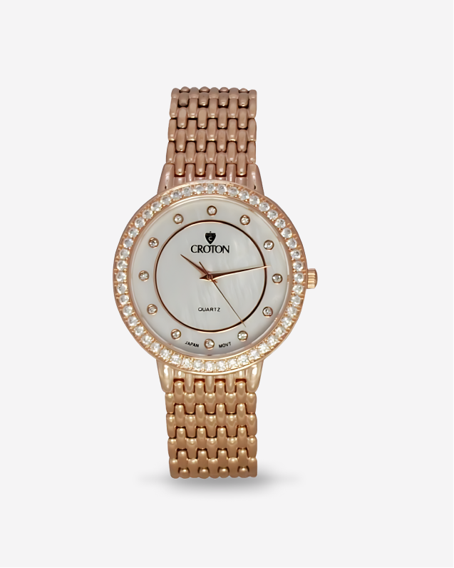 Unisex Rosetone Quartz Watch with Mother of Pearl Dial and Crystal Bezel