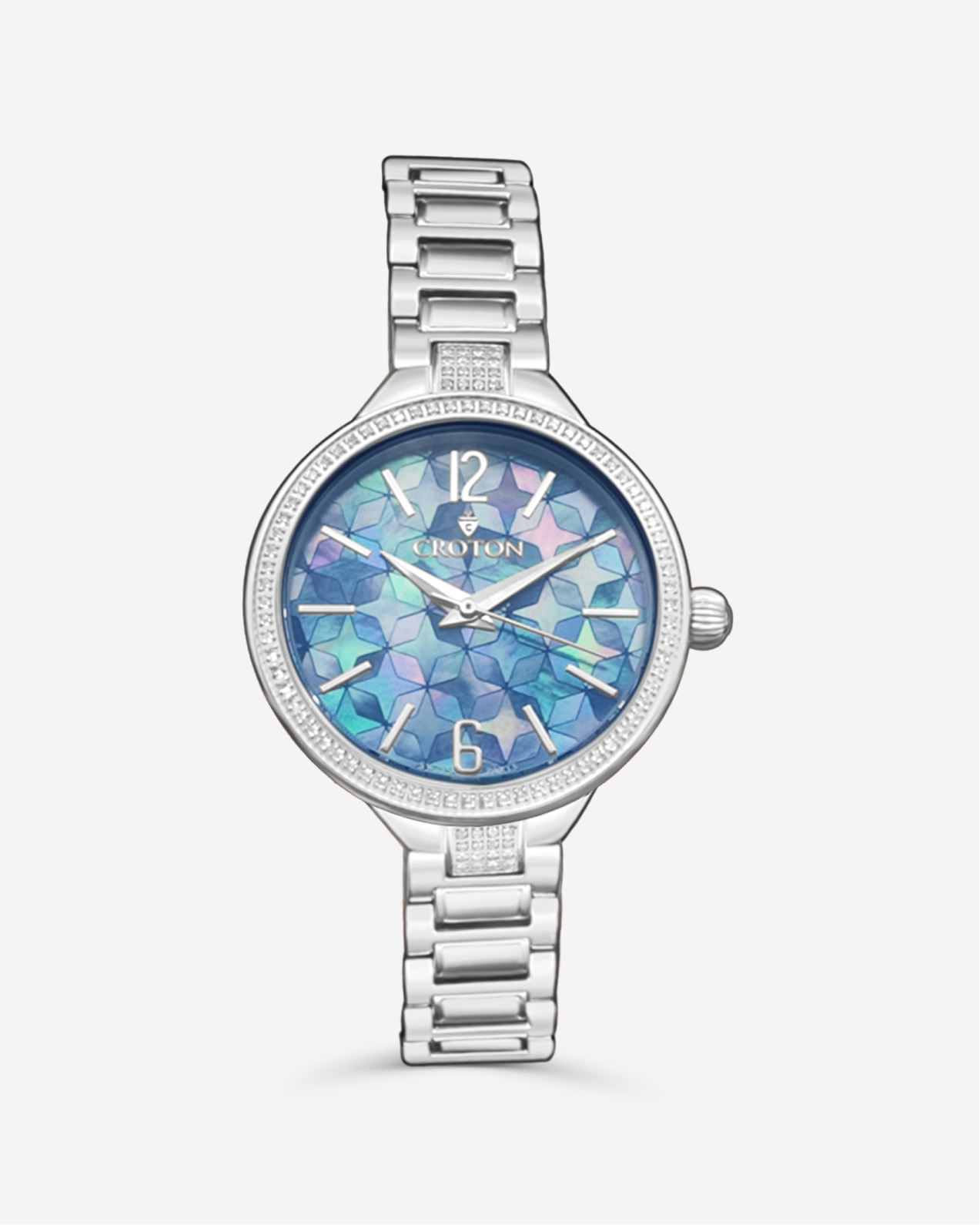 Silvertone Swiss Quartz Watch with White Topaz  Bezel & Mosaic Mother of Pearl Dial