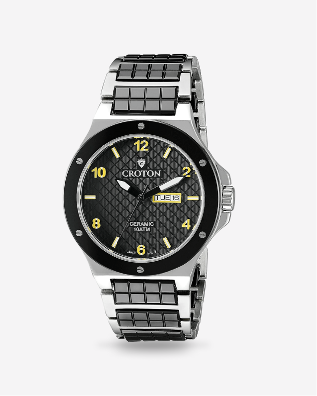 Men's Japan Quartz Black Ceramic & Stainless Steel Dress Watch with Day & Date