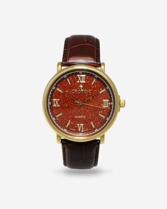 Men's Stainless Steel Quartz Watch with Rust Goldstone Glass Dial & Leather Strap