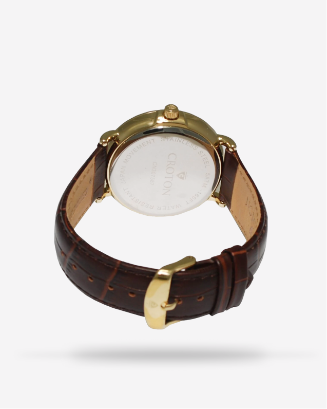 Men's Stainless Steel Quartz Watch with Rust Goldstone Glass Dial & Leather Strap