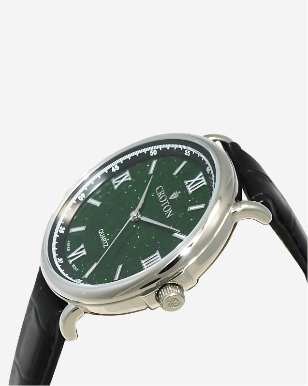 Men's Stainless Steel Quartz Watch with Green Goldstone Glass Dial & Leather Strap