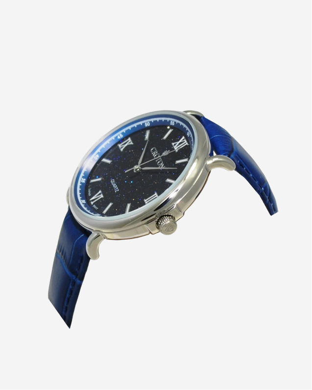 Men's Stainless Steel Quartz Watch with Blue Goldstone Glass Dial & Leather Strap