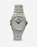Mens Quartz Austrian Crystal Watch with Blue Crystal Markers & Blue Metallic Hands