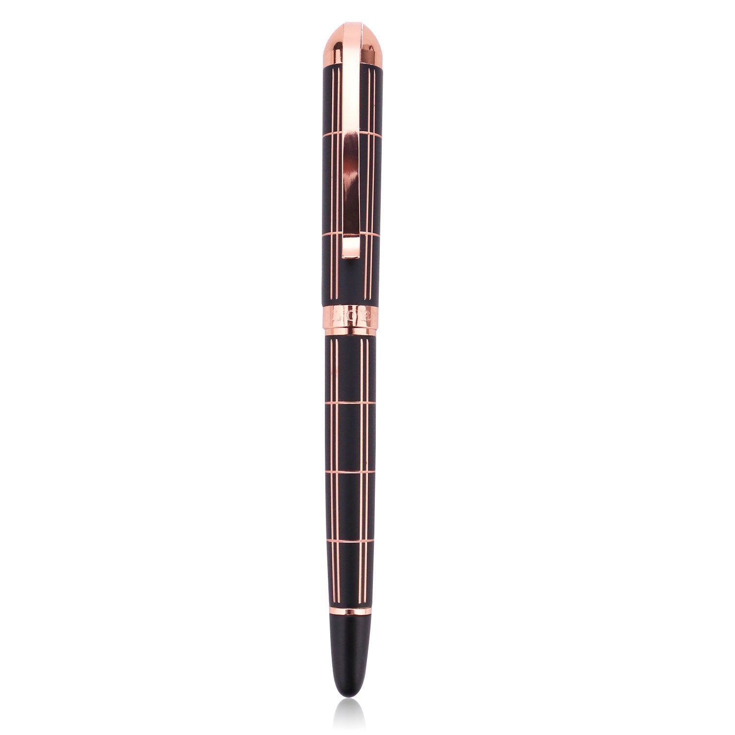 Croton Ballpoint Pen with laser cut grooves in matte black and rose accents - CROTON GROUP