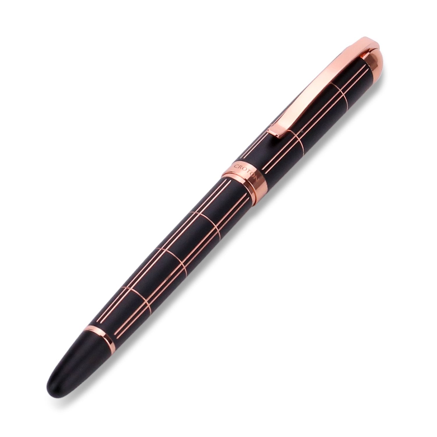 Croton Ballpoint Pen with laser cut grooves in matte black and rose accents - CROTON GROUP