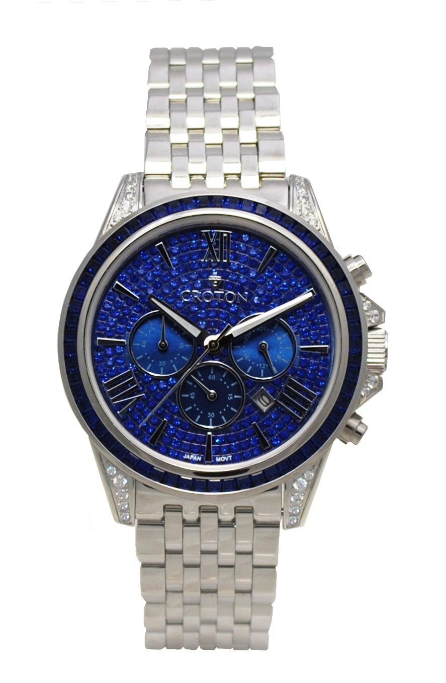Men's Silvertone All Stainless Steel Chronograph with Blue Set Crystal Dial & Bezel - CROTON GROUP