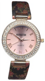 Ladies Quartz Watch with Crystal Bezel and Flower Print Cuff on a Black Background