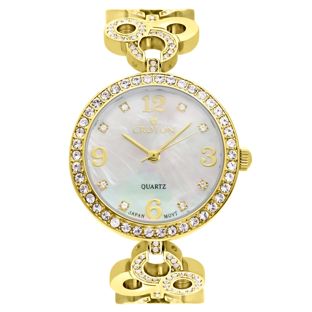 Ladies Goldtone Mother of Pearl Dial Watch with Crystal Bezel & Bracelet