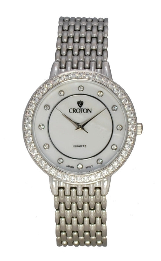 Unisex Silvertone Quartz Watch with Mother of Pearl Dial and Crystal Bezel