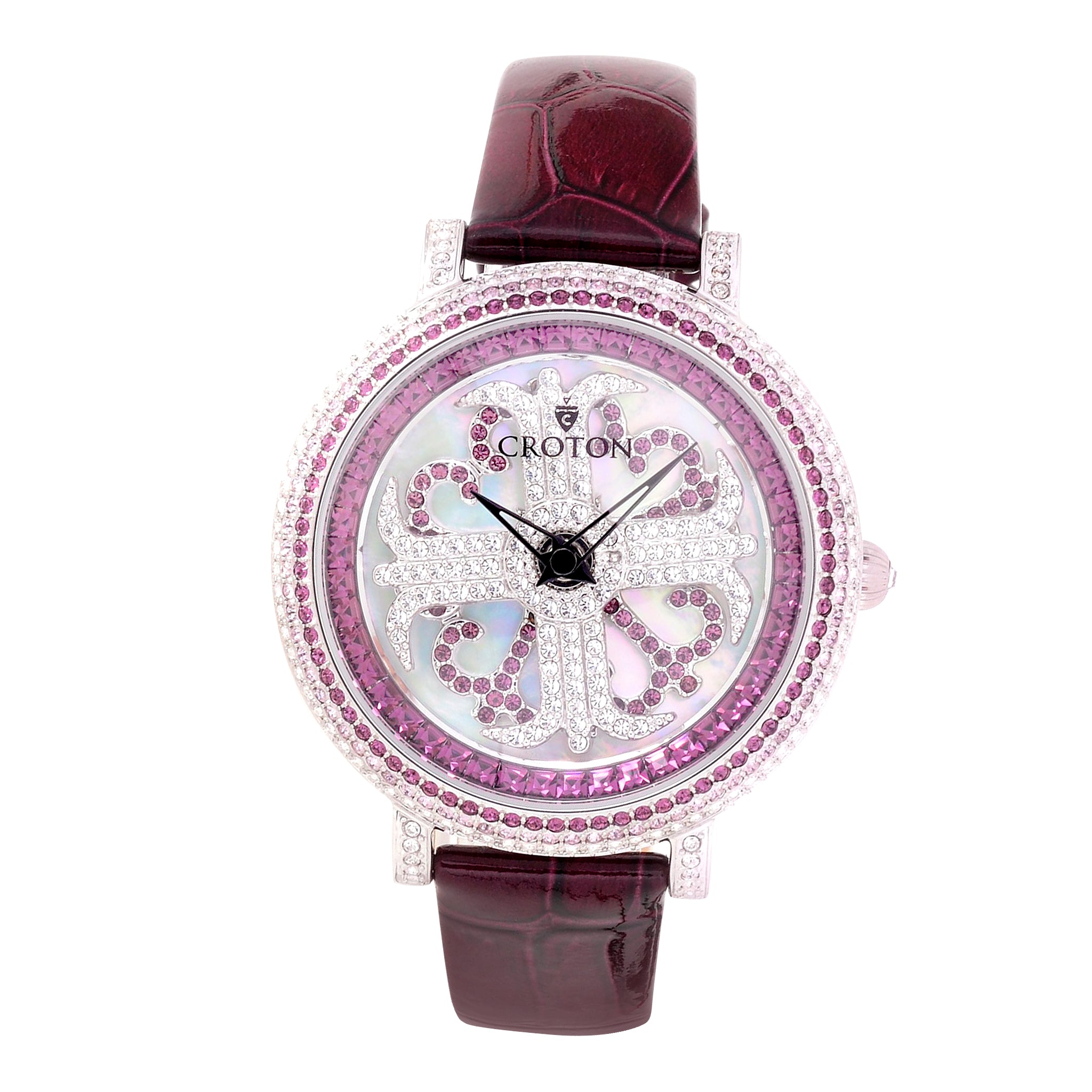 Ladies Amethyst Colored Crystals Spinning Dial Watch with Leather Strap