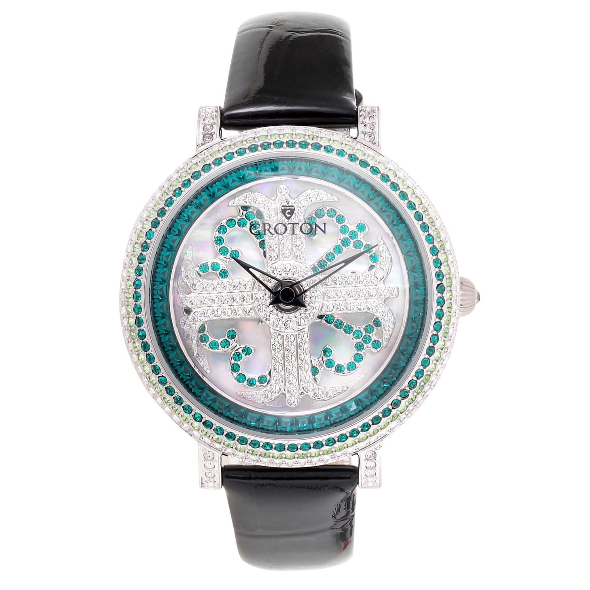 Ladies Emerald Colored Crystals Spinning Dial Watch with Leather Strap