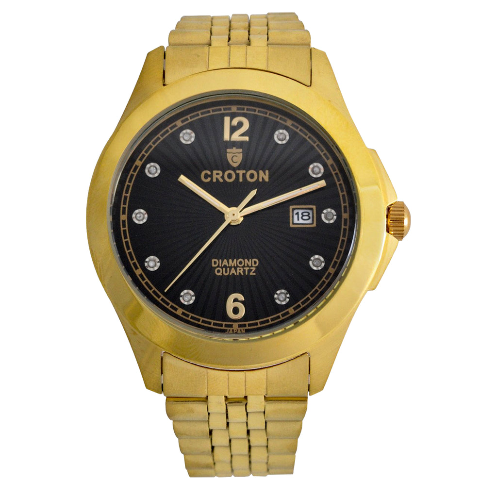 Men's Goldtone Quartz Black Dial Watch with 10 Diamond Markers