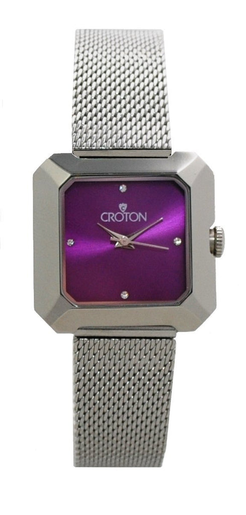 Ladies All Stainless Steel Silvertone Mesh Bracelet Watch with Purple Dial - CROTON GROUP