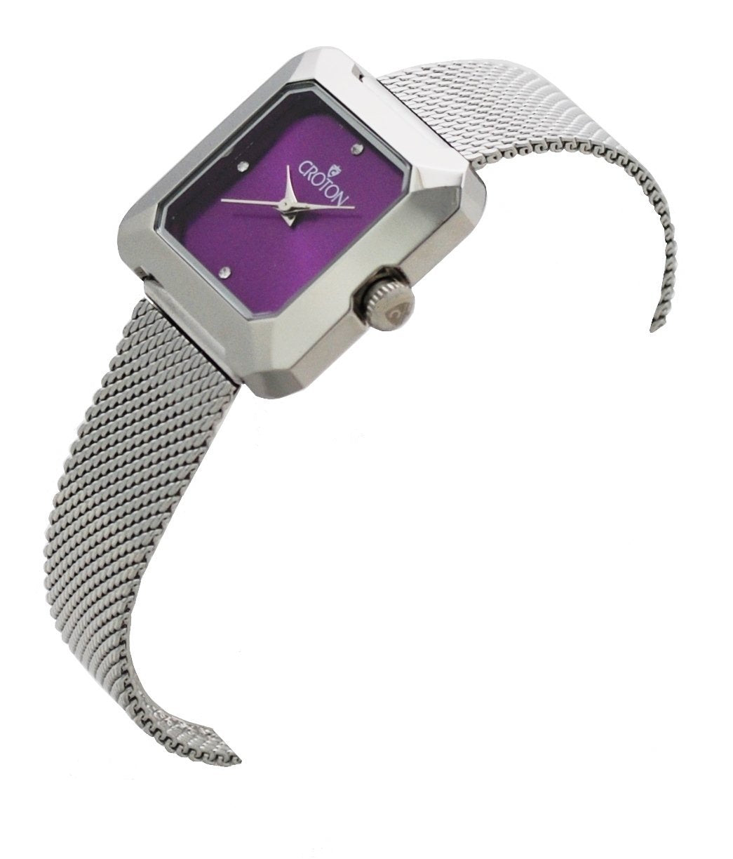 Ladies All Stainless Steel Silvertone Mesh Bracelet Watch with Purple Dial - CROTON GROUP